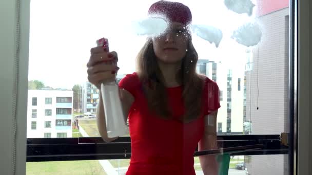 Portret van de jonge vrouw spuiten van chemische en wassen venster en glimlachen — Stockvideo