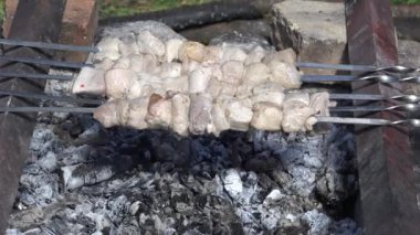 Taze sulu et fırında üzerinde çelik şiş şiş retro Bahçe şömine duman içinde closeup. 4k