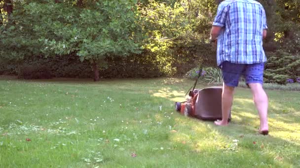 Mann beim Rasenmähen im Garten mit Rasenmäher. 4k — Stockvideo