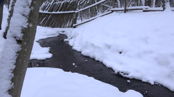 Зимний ручей протекает через деревянный забор в снежном парке. 4K — стоковое видео