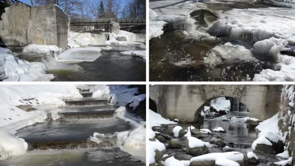 River waterfall cascade retro bridge frozen ice icicles winter — Stock Video