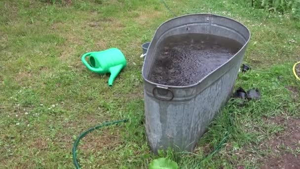 Chuva cair em reservatório de água de estanho no jardim. 4K — Vídeo de Stock