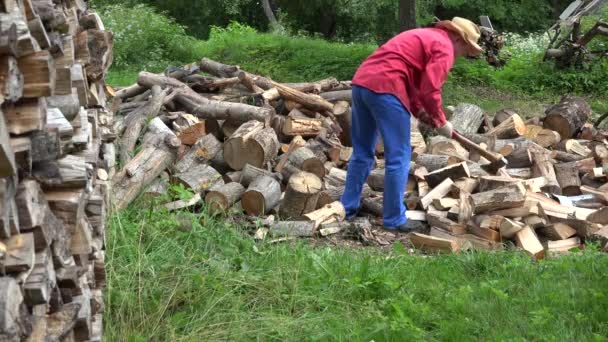 Travailleur homme fendu bûche près de pile de bois dans le jardin en été. 4K — Video