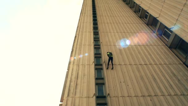 Homme haut échelle descendre à travers le mur du bâtiment gratte-ciel . — Video