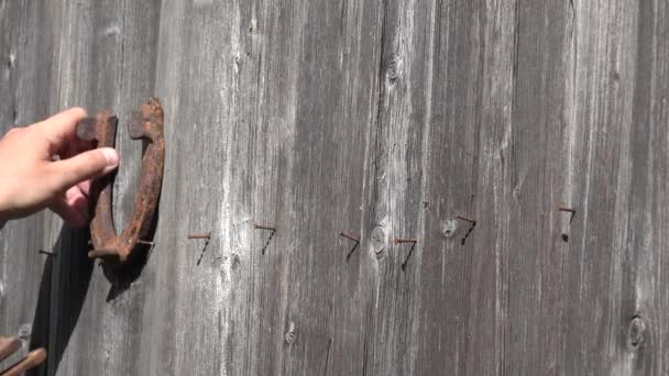 La mano di uomo di paese appende vecchi ferri di cavallo arrugginiti su porta vecchia di legno - simbolo di fortuna. 4K — Video Stock