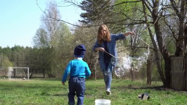 Mor med son pojke blåser bubblor i parken. Lycklig familj koncept. Gimbal rörelse — Stockvideo