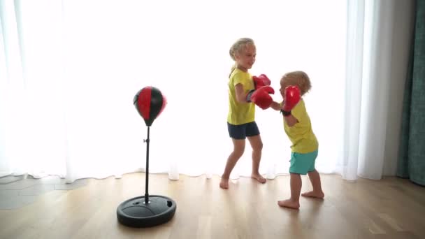 Hermana mayor y hermano menor peleando con guantes de boxeo. Movimiento del cardán — Vídeos de Stock
