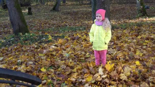 Padre e hija se divierten con soplador de jardín y hojas de otoño en el patio — Vídeos de Stock