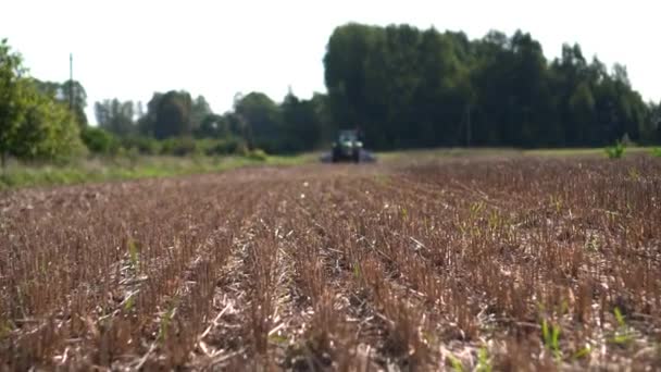 Camminando attraverso il campo di stoppie verso trattore coltivare terreno per la semina del grano — Video Stock
