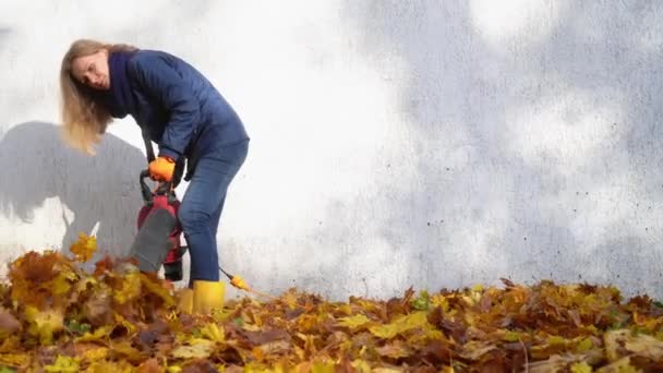 Vrouwelijke huishoudster blaast bladeren in huis achtertuin met bladblazer gereedschap — Stockvideo