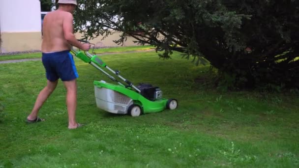 Садівник з газонокосаркою обрізка газону біля великого куща вальсу на дворі будинку — стокове відео
