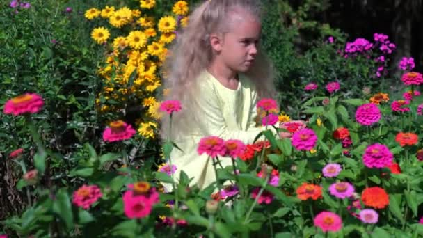 Malá školačka čichající k květinám v pestrobarevné zahradě. Dítě zkoumat květinu — Stock video