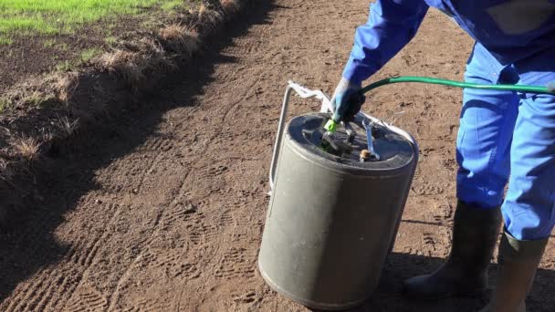 Gardien masculin remplissant le rouleau de terre de sol avec de l'eau du tuyau. Plan statique — Video