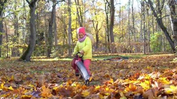 Nadšený holčička drží list dmychadlo nástroj v podzimní zahradě. Dětská rána listí — Stock video