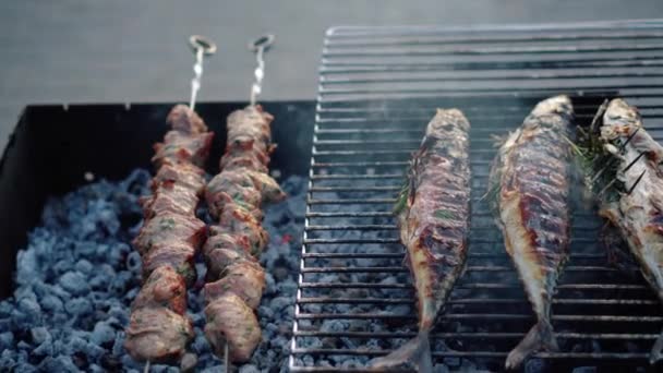 Carne di maiale shashlik e pesce scomber cottura sulla griglia barbecue. Fumo in aumento — Video Stock