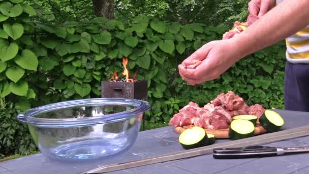 Las manos apuñalan trozos de carne y vegetales en un pincho. Fuego en la barbacoa — Vídeos de Stock
