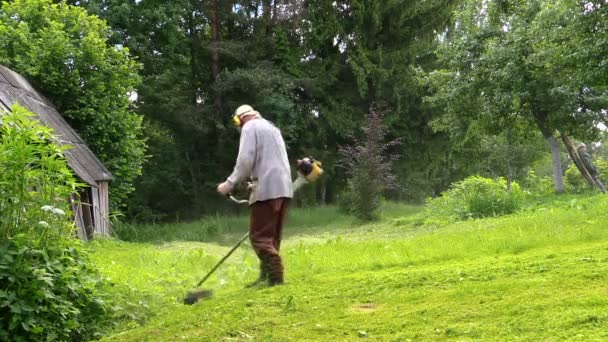 庭師男は、農村の家の近くのトリマーと草を刈る — ストック動画