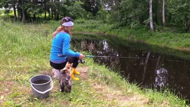 Ragazza pesca allo stagno e giocare con il piccolo gatto. Natura del tempo libero — Video Stock