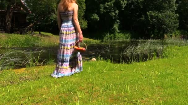 穿着长裙子的女孩去河边牵手篮水果. — 图库视频影像