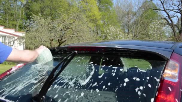 Closeup του ανθρώπου με το σαπωνώδες σφουγγάρι καθαρό πλύση πίσω αυτοκίνητο γυαλί — Αρχείο Βίντεο