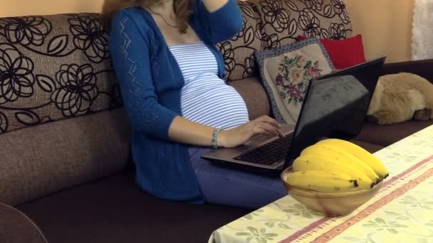 Pregnant serious woman using laptop computer at home — Stock Video