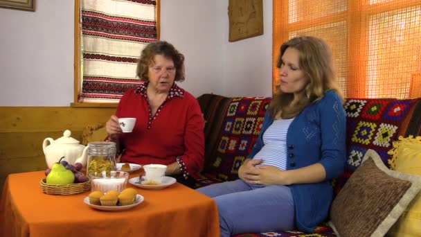 Abuela mayor mujer y joven nieta embarazada tienen charla — Vídeo de stock