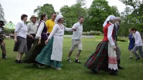 Musician play accordion and people dance folk dances in pairs — Stock Video