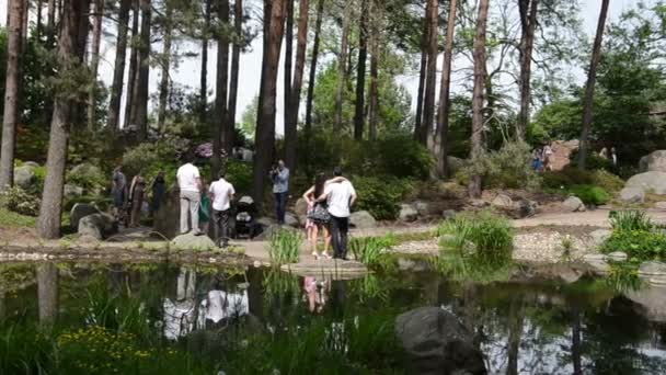 Turist folk ta bilder nära dammen och växter i parken — Stockvideo