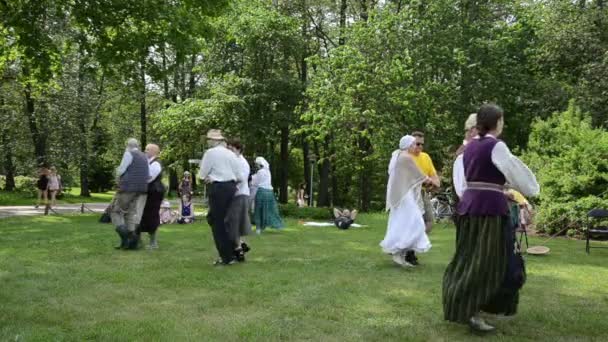 İnsanlar dans çiftleri ve akordiyonist park halk olay — Stok video