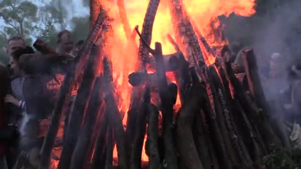 Zoom out of pfire stacked burning log and landscape with people — Stock Video