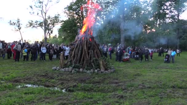 Aproape de foc foc de foc, topirea bușteni scânteie foc și oameni — Videoclip de stoc