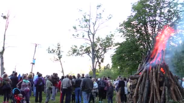 People crowd look at kid climb on high log pole — Stock Video