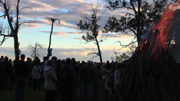 People look at man climb on high log pole — Stock Video