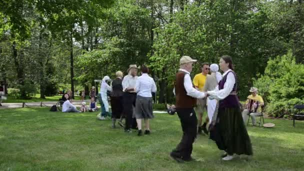 People dancing folk dances in pairs in park folk event — Stock Video