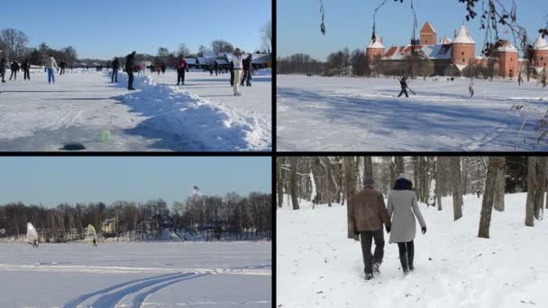 Mensen schaatsen op het ijs in de winter. Ijs surfers. Speelse paar — Stockvideo