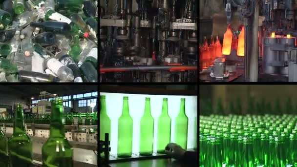 Collage de reciclaje y producción de botellas de vidrio en fábrica — Vídeo de stock