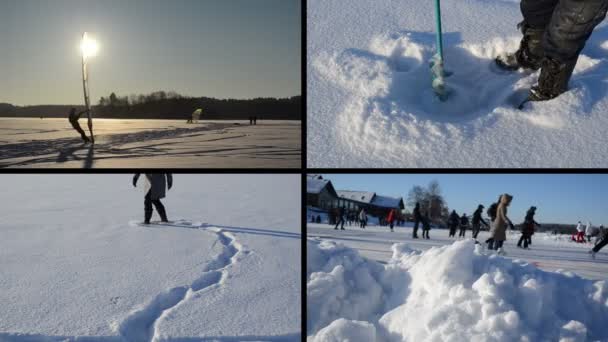 冰的冲浪者。心的形状，在雪地上。Icehole 钻。人们滑冰 — 图库视频影像