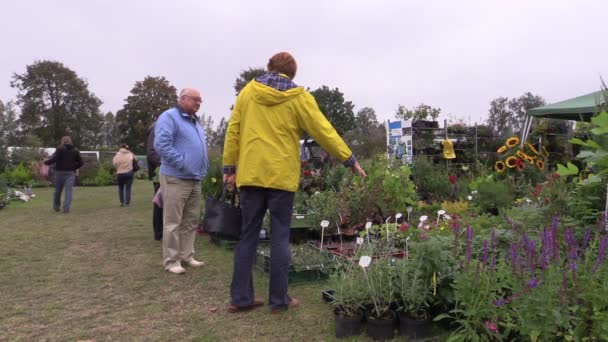 Klanten kijken naar planten zaailingen verkocht in botanische markt eerlijke — Stockvideo