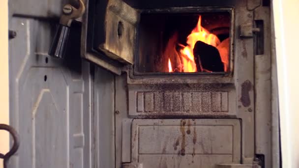 La flamme du feu brûle dans le poêle rural et la femme lit le livre. Zoom arrière — Video