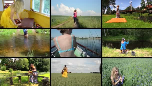 Mujer feliz pasar las vacaciones en la naturaleza. Ocio activo. Collage. — Vídeo de stock