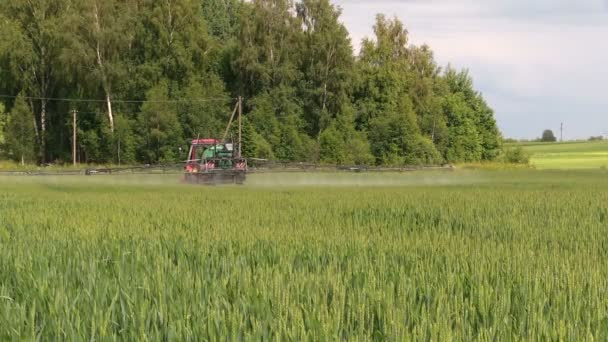 Сільськогосподарський трактор розпилює сільське господарство на літньому полі рослинництва — стокове відео