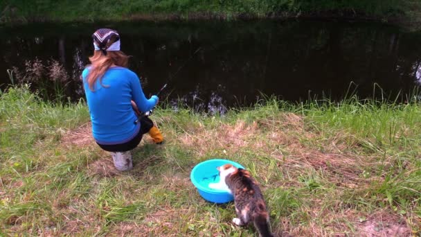 Kočka s dráp lovit ryby z mísy, Žena rybaření na rybníku — Stock video