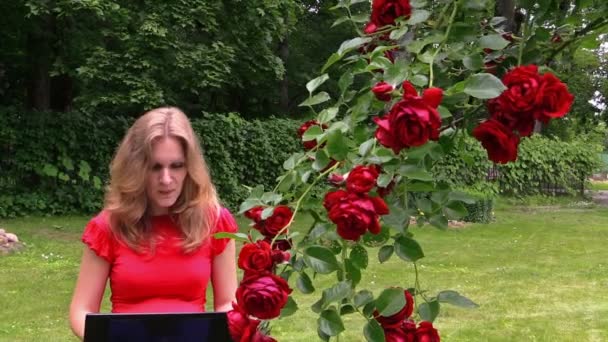 Fille bavarder ordinateur portable en ligne assis à fleurs roses buisson dans le parc — Video