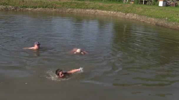 Three people swim in lake pond water on hot summer day — Stock Video