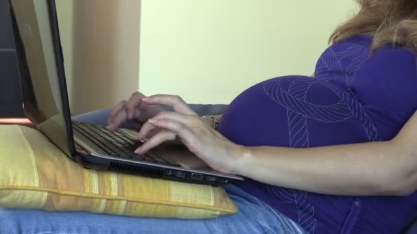 Pregnant woman work online with laptop lying on sofa at home Video Clip