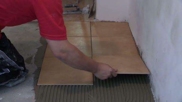 Travailleur de la construction carrelage plancher à la maison. Plan statique — Video