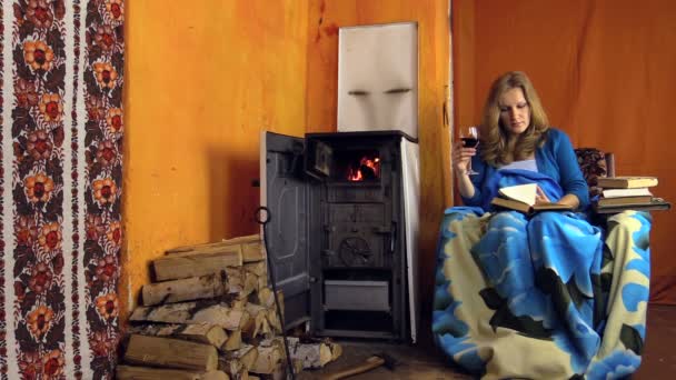 Mujer en sillón beber vino tinto y leer libro cerca de estufa rural — Vídeo de stock