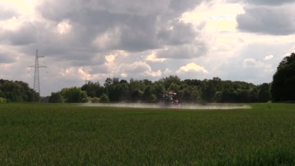 Campo de pulverização de trator com pesticida pulverizador. Trabalho na aldeia — Vídeo de Stock