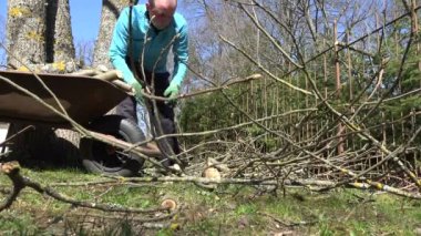 adam iş Bahçe ağaç dalı ve içecek soğuk su şişe