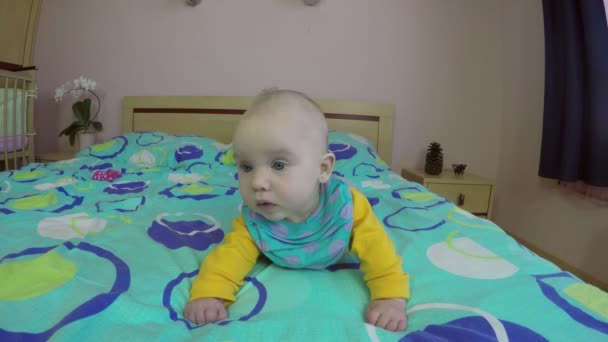O bebê recém-nascido curioso olha para a frente deitado na barriga na cama. 4K — Vídeo de Stock